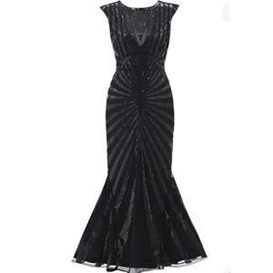 Metme 1920s Size M Black Gatsby Mermaid Maxi Dress Sequin Evening Gown Gothic
